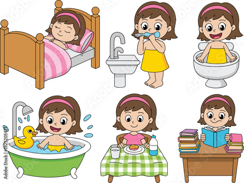 Cute little girl daily routine cartoon vector illustration set showing sleeping, brushing teeth, toilet training, bathing, eating breakfast, and studying isolated on white background