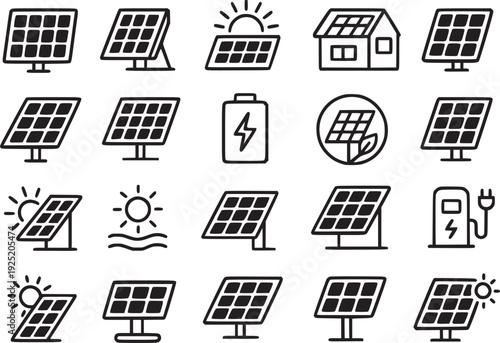 Collection of 20 bold line icons representing solar panel technology, residential solar power, energy storage batteries, and electric vehicle charging stations.