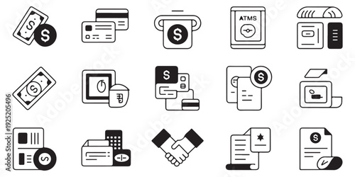 Finance icons bank cards ATM machine cash bills coins and payment documents with dollar sign