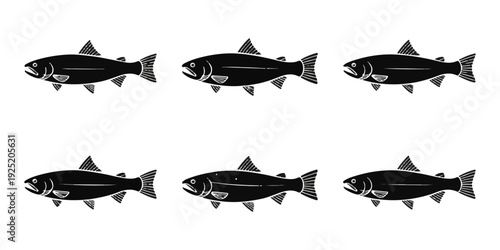 Set of six simple black fish illustrations in a grid pattern on a white background