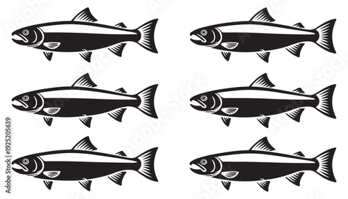 Salmon fish silhouette vector set depicting swimming trout in side view for outdoor fishing graphics