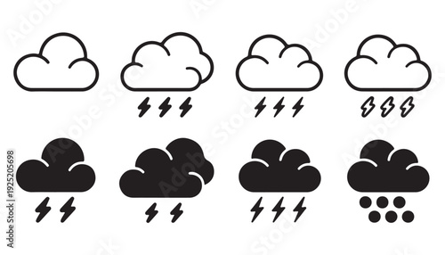 Thunderstorm weather icons featuring lightning bolts and rain clouds in outline and solid style sets