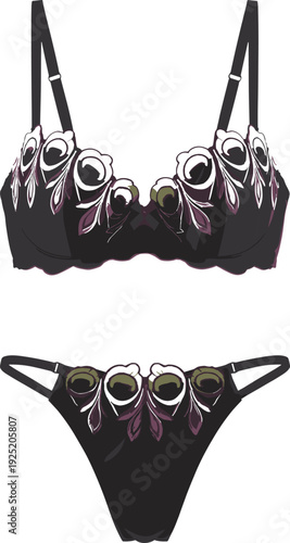 Elegant lingerie vector illustration set, black bra and panties with peacock feather embroidery, stylish intimate apparel design, fashion silhouette graphic, feminine clothing concept