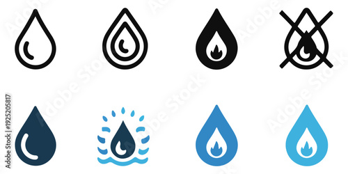 Eight diverse water drop icons in different styles and colors depicting water and fire