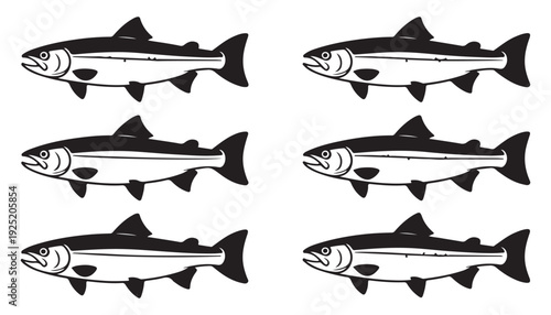 Six stylized salmon fish icons, black and white vector illustration for fishing or seafood themes