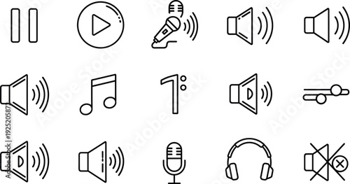 Audio and Media Control Line Icon Set with Play, Pause, Volume, Microphone and Music Symbols