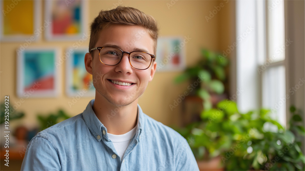 Fototapeta premium Young man with glasses smiling in bright room, surrounded by greenery and colorful artwork on wall, positive mental health environment, cheerful therapeutic space, defocused backgr