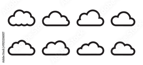 Cloud icon set, different shapes of clouds on white background, weather forecast symbol vector