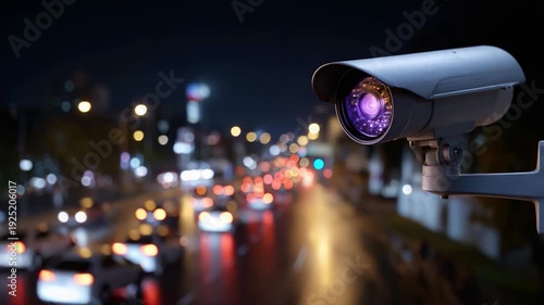 Surveillance Camera Overlooking a Busy Urban Street at Night, Capturing Motion and Light Patterns Created by Moving Vehicles and City Lights in the Background, Highlighting Modern Security Measures