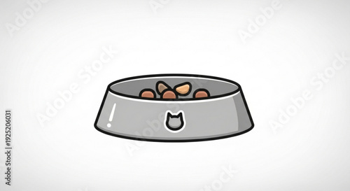 Pet food bowl with cat kibble simple gray cartoon illustration feeding time concept