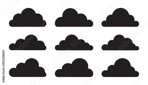 Cloud icon set, solid shapes of clouds on white background, weather forecast symbols vector art