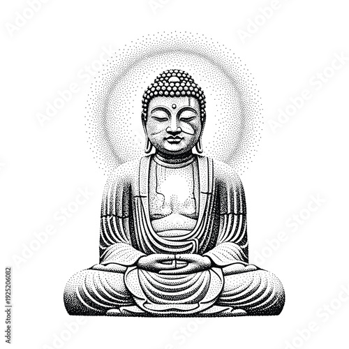 Serene Buddha statue in meditation pose, rendered with intricate dot art and a radiant halo