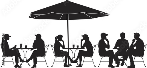 People sitting at outdoor cafe tables under umbrella silhouette vector illustration isolated on white background, social gathering friends meeting coffee shop concept