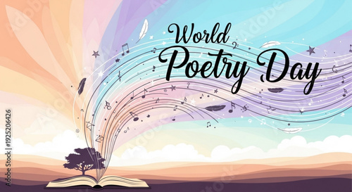 Vibrant world poetry day illustration with musical notes and tree growing from open book at sunset