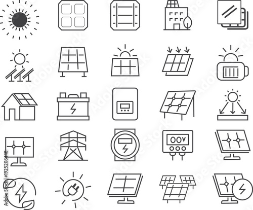 Comprehensive set of 25 linear icons for solar energy systems, featuring technical components like inverters, meters, battery storage, and solar panel arrays.