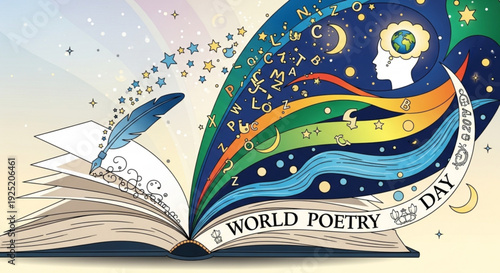 Vibrant world poetry day illustration with open book quill and celestial symbols