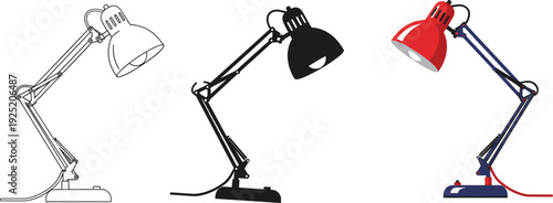 Set of adjustable architect desk lamp vector illustration in line art silhouette and colorful styles isolated on white background for office interior design