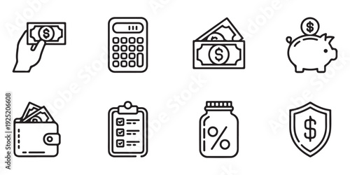 Set of financial and business icons showing money, calculator, piggy bank, wallet, and more