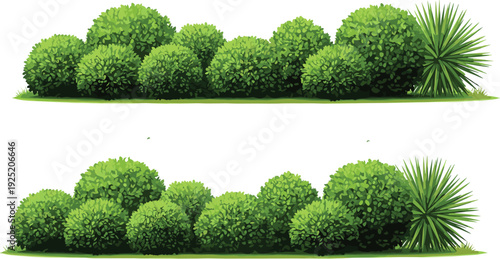 Set of green garden shrubs and round bushes vector illustration with decorative plants and foliage isolated on white background for architectural landscaping and site plans