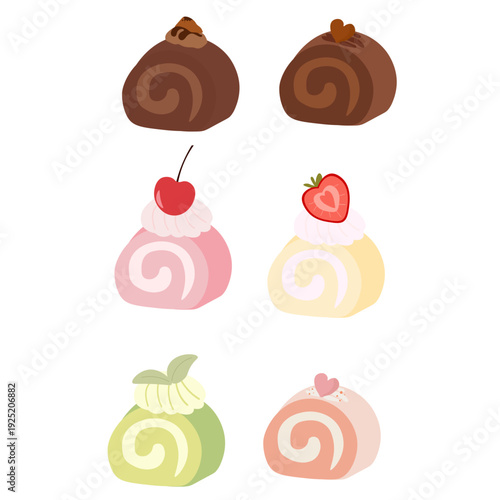 Vector set of sponge roll cakes with cream and fruit filling