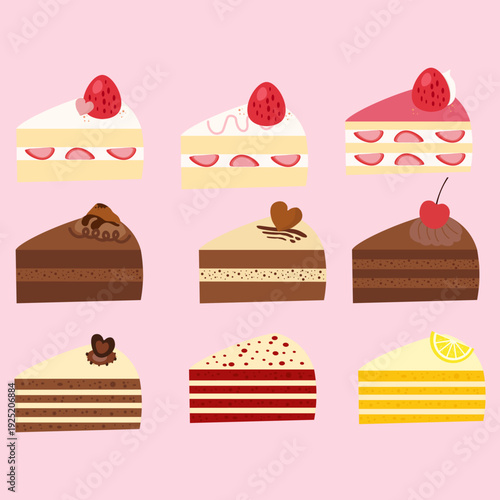 Vector set of shortcake slices with cream, chocolate and fruit toppings 