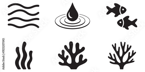 Set of six simple black and white nature and aquatic elements on a white background