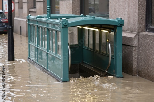 A flooded telephone booth on a city street