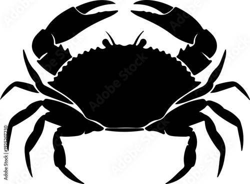 Black silhouette of a crab with claws raised, a simple yet striking graphic of a marine crustacean
