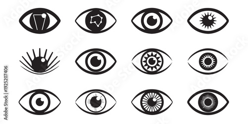 Set of black and white eye icons with various symbols in the pupil, modern mystic design