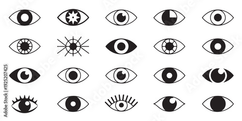 Set of black and white eye icons with various designs, open eye with unique pupils, vision art