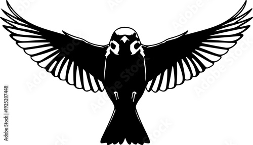 A striking black and white illustration of a bird in flight with outstretched wings