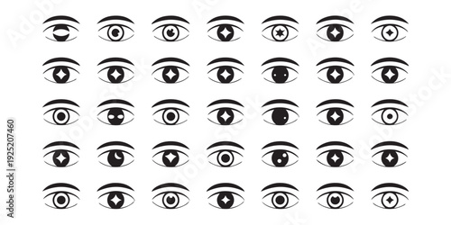 Collection of minimalist eye icons with various pupil shapes, simple black and white vector set