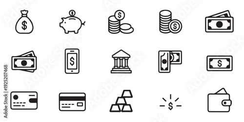 Banking and finance icons featuring money bag piggy bank coins bank building gold bars and wallet