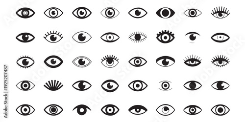Set of black and white eye icons featuring various shapes with and without eyelashes