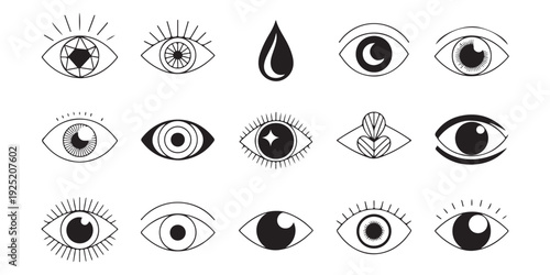 Minimalist eye outline icons set with different styles and unique elements