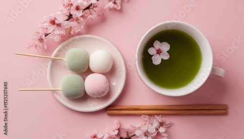 Delicate Delight: Matcha, Dango, and Sakura Blossoms on Pink