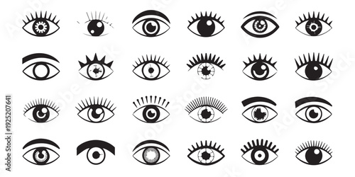 Set of human eyes icons with different eyelashes and iris patterns for beauty and optics industry