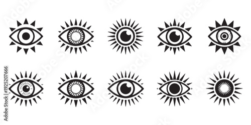 Sun inspired eye icons set vector graphics with radiating sharp elements
