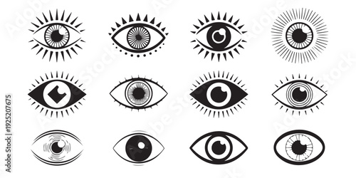 Esoteric eye symbols with radial lines and sunburst patterns representing spiritual vision and light