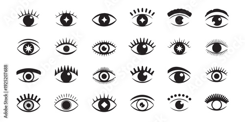 Hand drawn style eye icons featuring unique starburst iris details and various eyelash arrangements