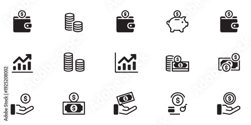 Collection of solid and outline finance icons depicting money, wallets, and financial growth