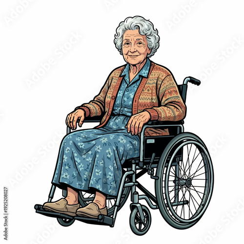 Senior woman in wheelchair wearing floral dress comic style