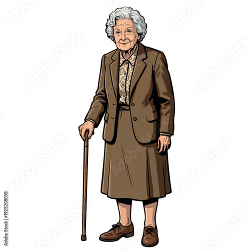 Senior woman standing with walking stick in brown suit comic style
