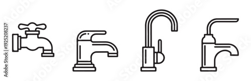 Collection of modern and vintage taps or faucets vector graphics, isolated on white background