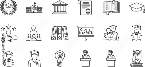 Education and Graduation Line Icon Set with Diploma, University and Academic Symbols