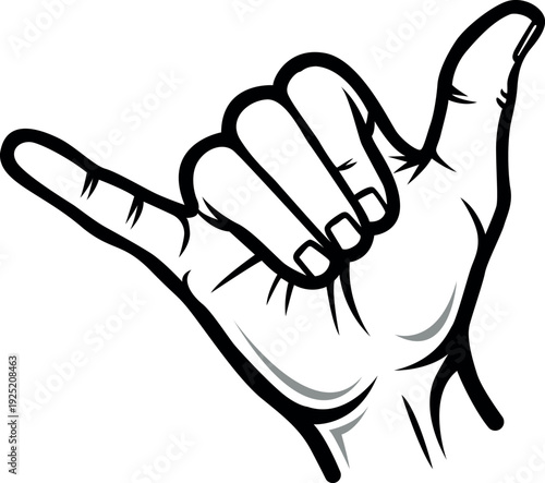 Black and white sketch of a hand making the hang loose gesture