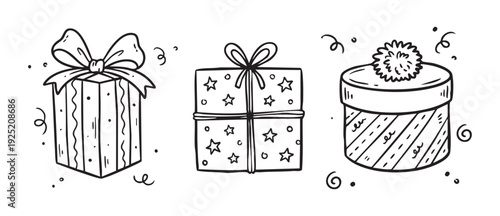 Three playful doodle gift trio, casual birthday icon set showing bow tied parcel, star patterned square present, circular box with pompom, carefree linework and hand drawn texture, perfect for party