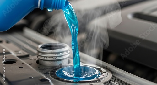 A person pouring blue coolant into a car engine