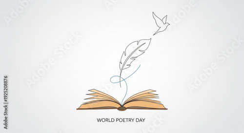 World poetry day celebration with open book and flying feather quill pen on white background