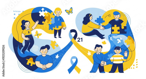 Autism awareness puzzle pieces ribbon support diverse people connection
